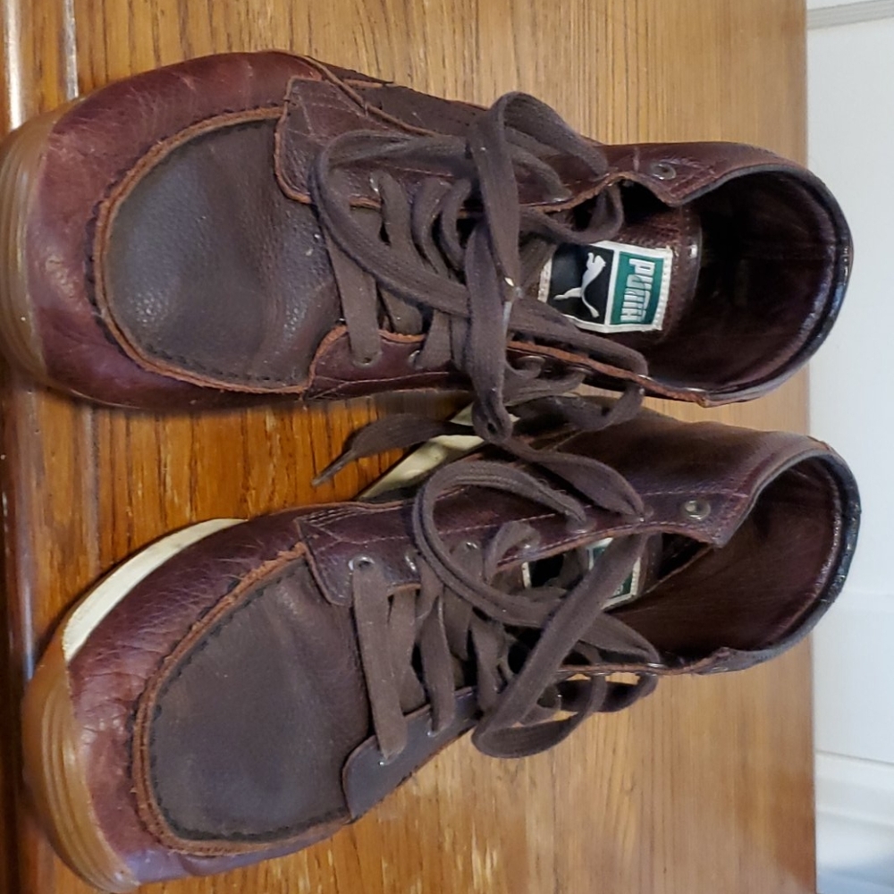 Puma Brown Leather Moc Toe Mid Height Sneakers
